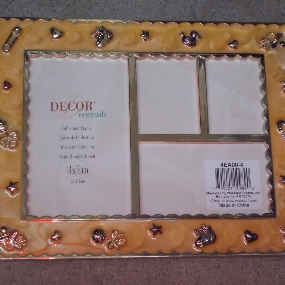 New, Unique baby metal frame, 9"x7" displaying multi size pictures